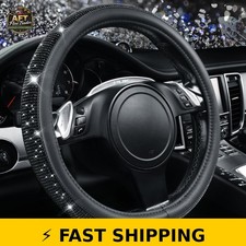 CAR PASS Bling Diamond Leather Steering Wheel Cover 14.5-15 Black