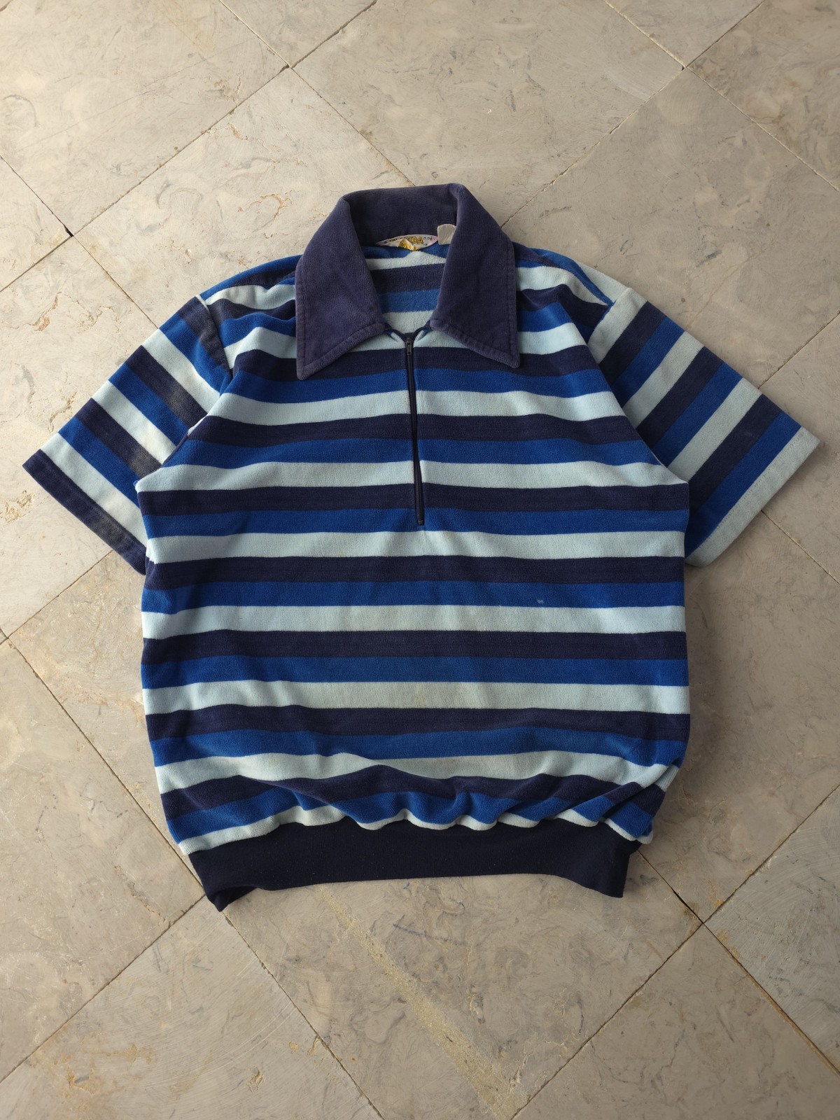 Vintage 1970s Florida Striped Blue Velour Quarter-Zip Polo Shirt XL