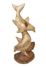 Vintage 11" Hand Carved Wood Double Dolphin Sculpture Ocean Coastal Decor Pair