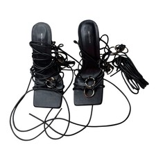 Pretty Little Thing Black Square Toe Stylish Lace Up Silver High Heels 4" Size 6