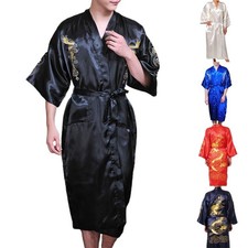 Men's Chinese Style Satin Bathrobe Dragon Kimono Pajamas for Sleepwear