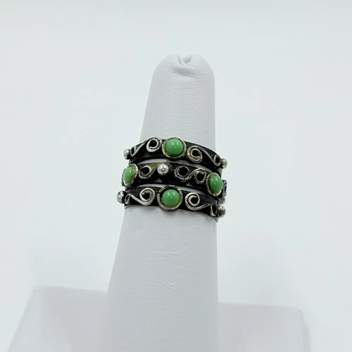 Vintage Taxco Mexico Sterling Silver Southwestern Green Gemstone Ring Size 5.75