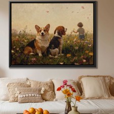 Happy Corgi Oil Painting Canvas Print Floral Still Life Dog Art Wall Decor Gift