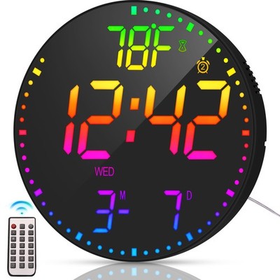 Kasbin 12 Inch Large Digital Wall Clock with Remote Control, RGB Color, Alarm,