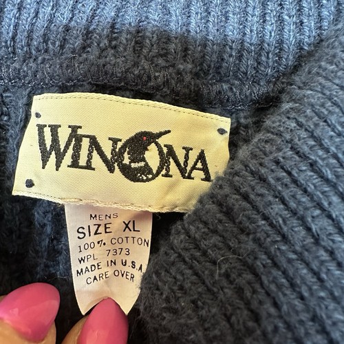 90’s Winona Knits Loon Navy 1/4 Button Chunky Knit Fisherman Sweater | Men’s XL - Picture 3 of 7