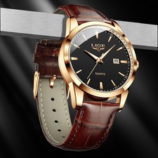 Men Quartz Single Calendar Waterproof Brown Leather Belt Wristwatch