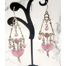 Pink Heart Chandelier Earrings Silver Dangle Romantic Coquette Statement