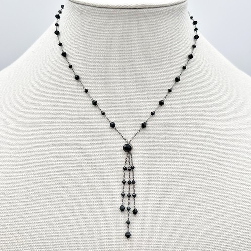 Vintage Y Drop Black Beaded Rosary Chain Dainty Victorian Dangling Necklace 16”