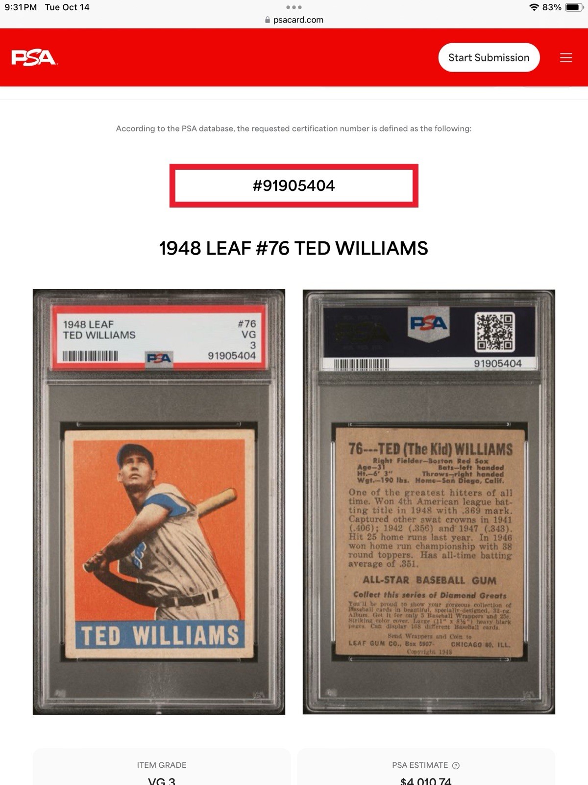 1948 Leaf Baseball #76 Ted Williams Psa 3 New slab Dead Centered Tough