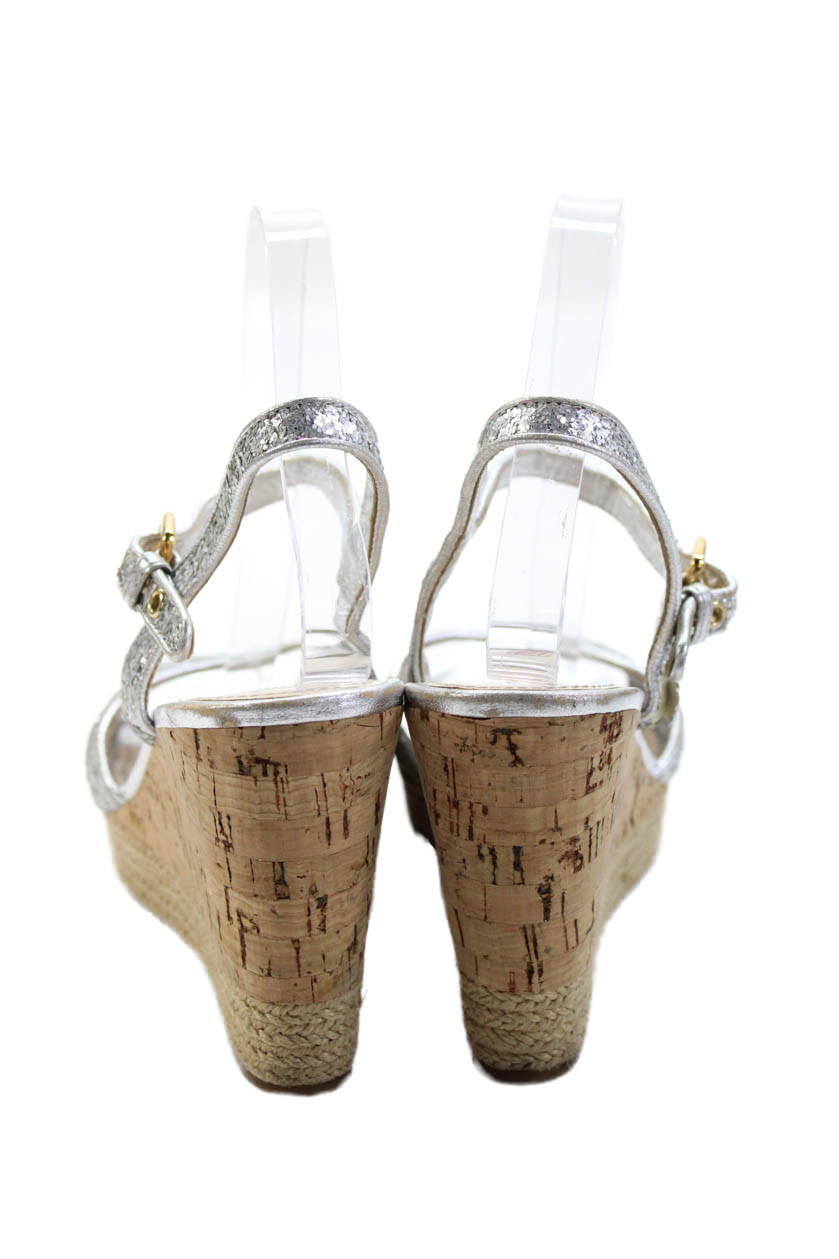 Prada Womens Open Toe Ankle Buckle Sparkly Wedge Heels Silver Tone Size 7 thumbnail 3