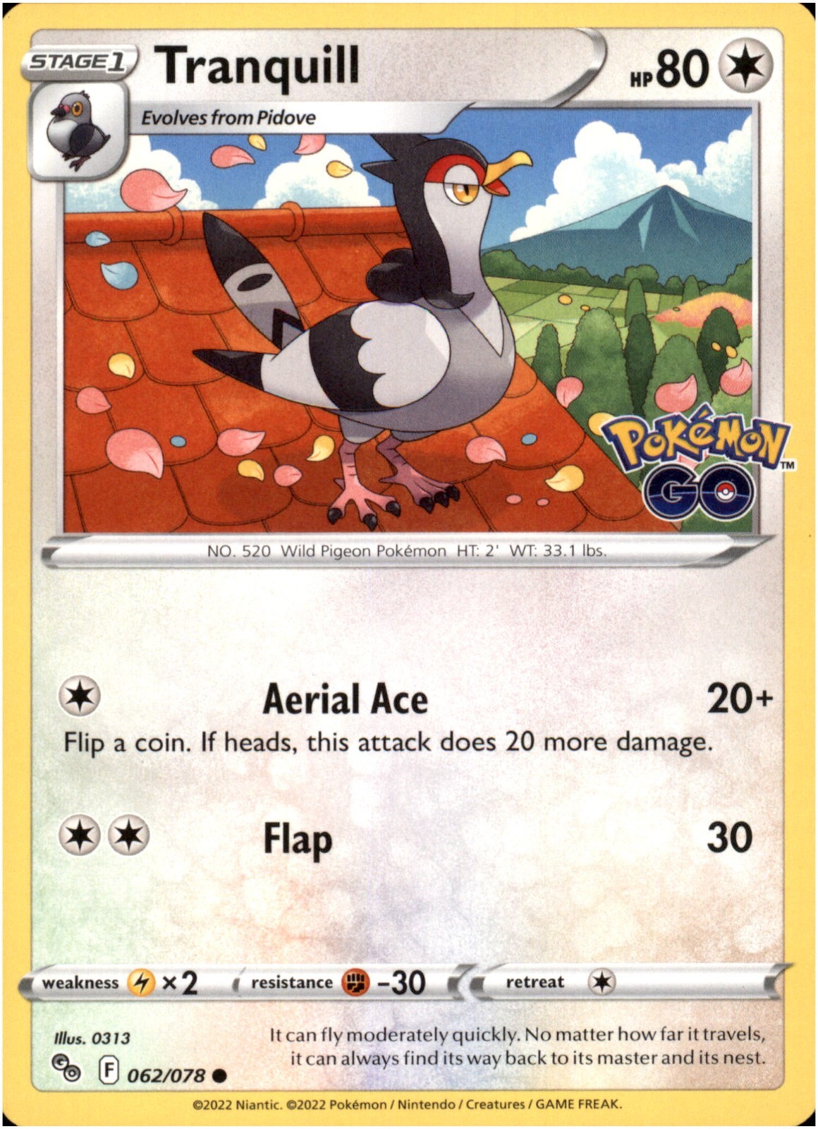 Tranquill #62/78 - Common - Pokemon Go 2022 - Near Mint