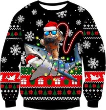 Cat Riding Shark Ugly Christmas Sweater Laser Eyes Funny Ocean Holiday Jumper