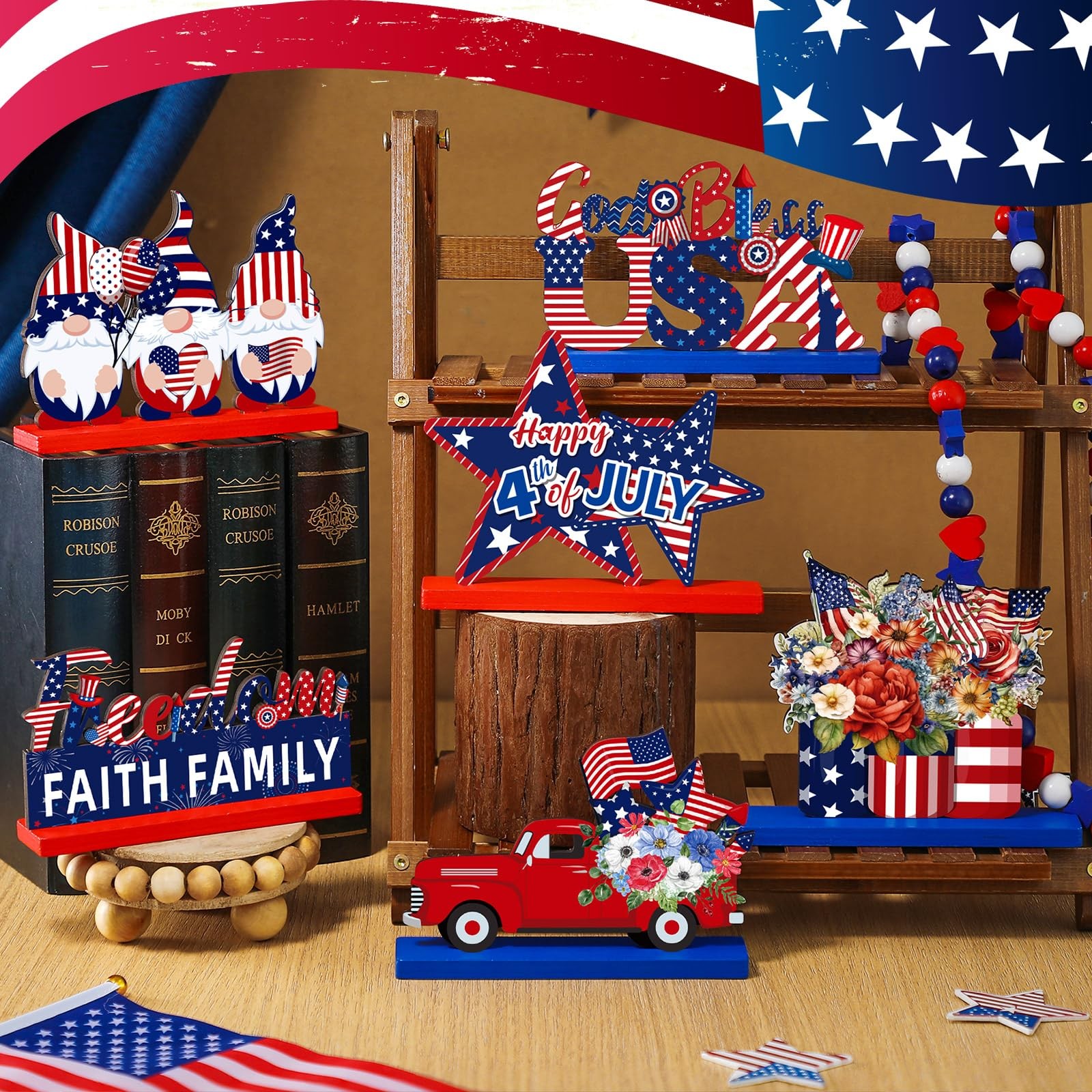 как выглядит 6 Pcs 4th of July Wooden Table Decor Patriotic Table Centerpiece Sign Indepen... фото