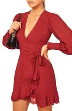  REFORMATION CLARE EMBROIDERED LONG SLEEVE WRAP CRIMSON MINI- DRESS  XS=2-4