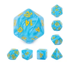 NEW RPG D&D Role Playing Dice Set of 7 - Pearl Light Blue - yellow ink