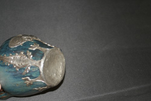 ancienne cruche en grès bleuté et feuille étain dragon art nouveau début XX ème - Foto 9 di 9