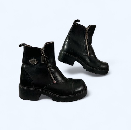 HARLEY DAVIDSON Women's Amherst Boots 5 Black Leather Double Zipper Biker Moto - Picture 3 of 8