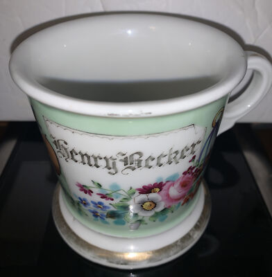 ANTIQUE LIMOGES, THE WORLD OUR FIELD, KOKEN ST. LOUIS SHAVING MUG HENRY BECKER