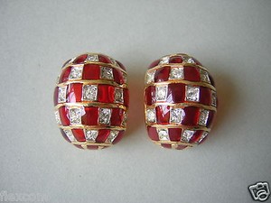 Authentic 925 Silver Gold Plated Chessboard Pattern Glass Red Zirconia Clip Earrings 13,3g
