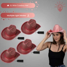 4x LED Light up Flashing Sparkly Cowboy/Cowgirl EL Wire Hats  Party Glowz