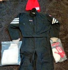 VINTAGE SIMPSON SIZE-MEDIUM 1-PIECE RACING FIRE SUIT WITH HARNESS-HOOD-THERMALS