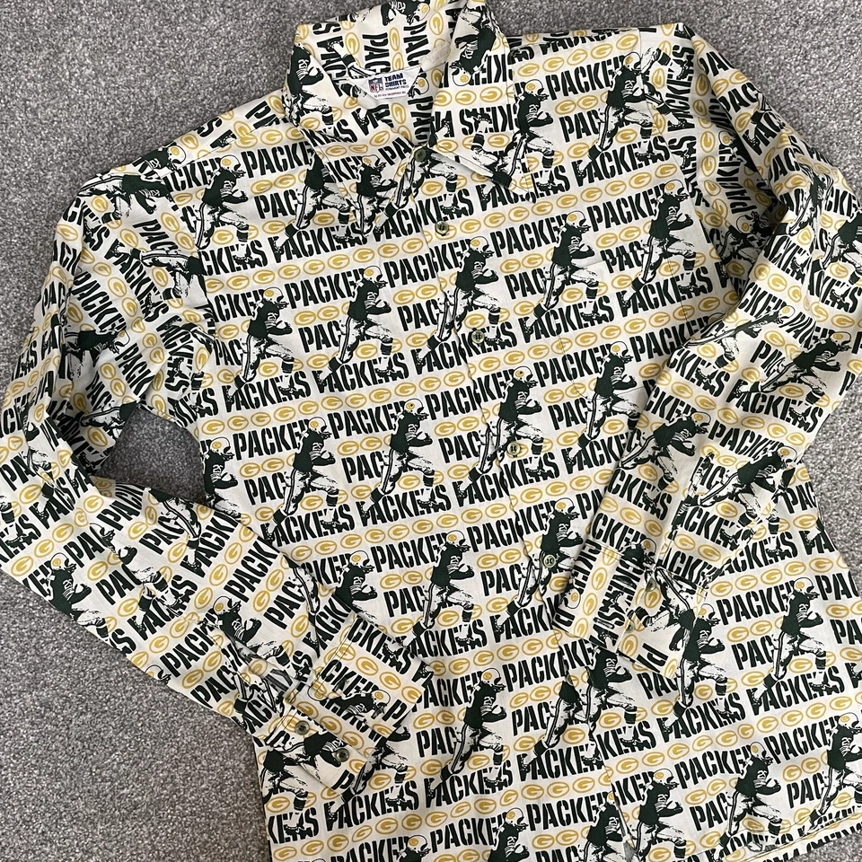 Camiseta del equipo de la NFL Green Bay Packers años 70 prensa permanente abotonada vintage años 70 AOP Foto 2 de 4