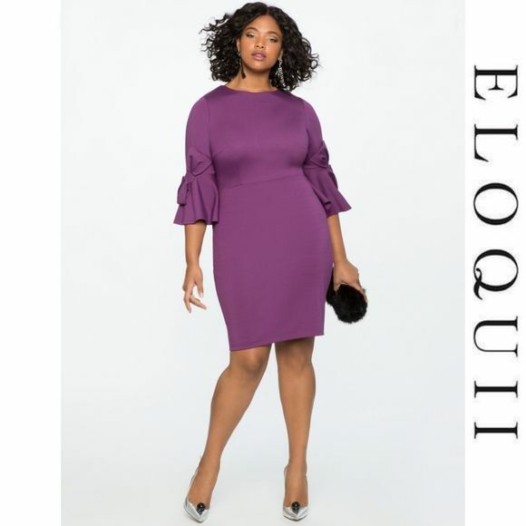 Eloquii plus size purple high neck line bell sleeve fitted bow dress. Body  con