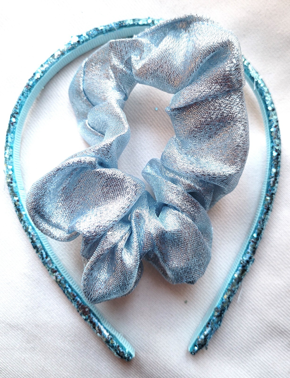 NEW 8Mm Aqua Blue Glitter Thread Aliceband Scrunchie Set Headband Fashion Hair
