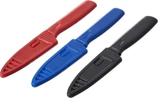 Mercer Culinary Non-Stick Paring Knives with ABS Sheaths, 4 Inch, Red/Blue/Black