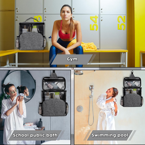 Travel Shower Caddy Hanging Portable Waterproof Fabric Multi Pocket Mesh Gray - Picture 5 of 5