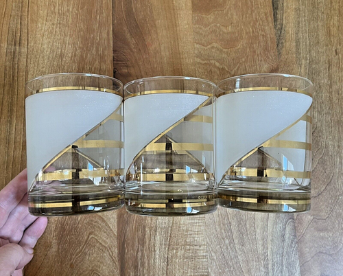 THREE Vintage Culver Double Rocks Glasses Art Deco Striped Gold Frosted Large - Picture 4 of 5