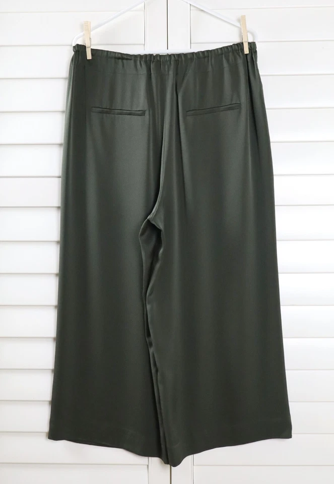 Pantalones VINCE $298 Verde Sólido Satinado Cordón Cintura Elástica Pierna Ancha Talla XL Foto 4 de 4