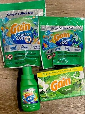 4 Pc Set GAIN 3in1 OxiBoost FLINGS Laundry Pods 45ct, Softener, 105 Dry Sheets