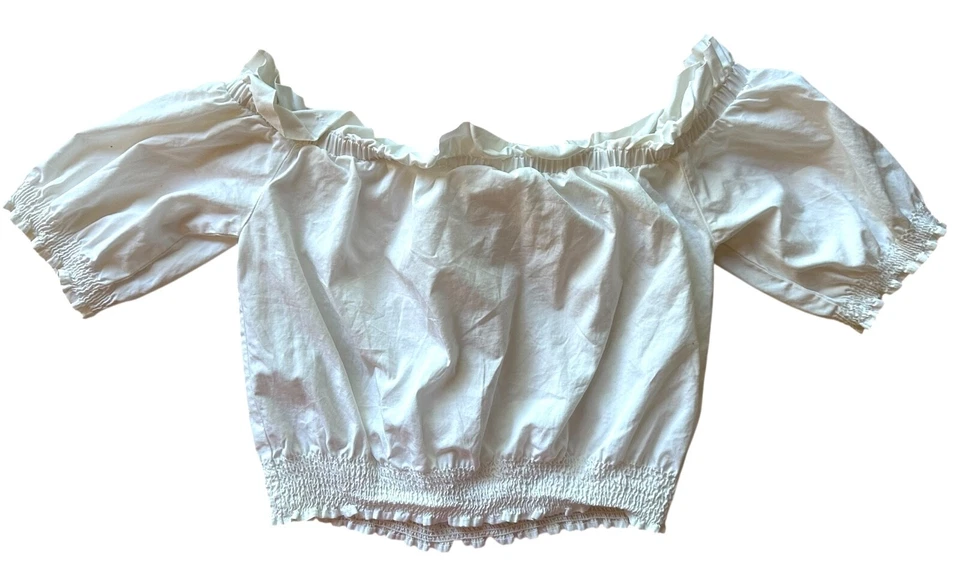 H&M Women's Off the Shoulder Crop Top Short Puff Sleeve Ruffle Cotton Sz 4 White - Image 2 of 4