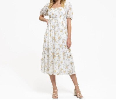 August Sky Midi Dress Small Floral Print Balloon Sleeve Smocked Back Lined Cream