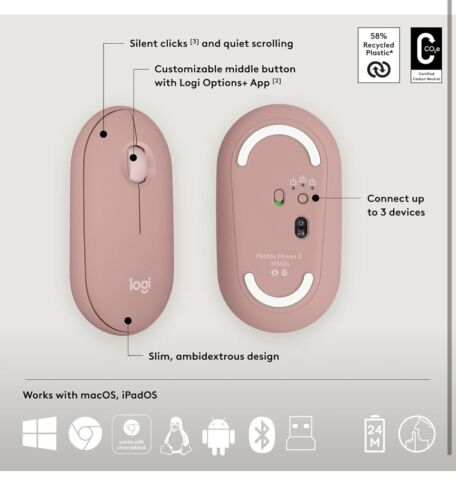 Logitech Pebble 2 Combo - K380S Keyboard & M350S Mouse - Pink - New - Picture 7 of 13