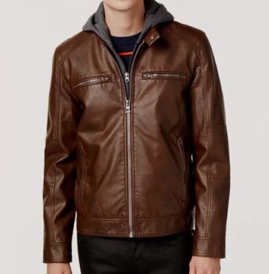 $227 Guess Men's Brown Faux-Leather Motorcycle Jacket Coat Size