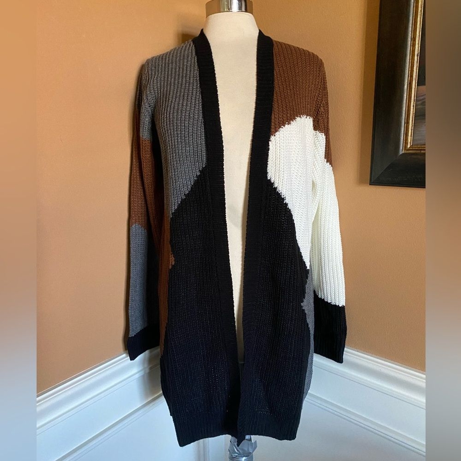 Fortune & Ivy Color block Open Front Longline Knit Cardigan Sweater XL NWOT