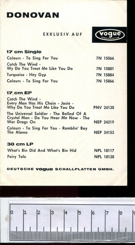DONOVAN : original german 60's promotion flyer / card : VOGUE 1966 - Picture 2 of 2