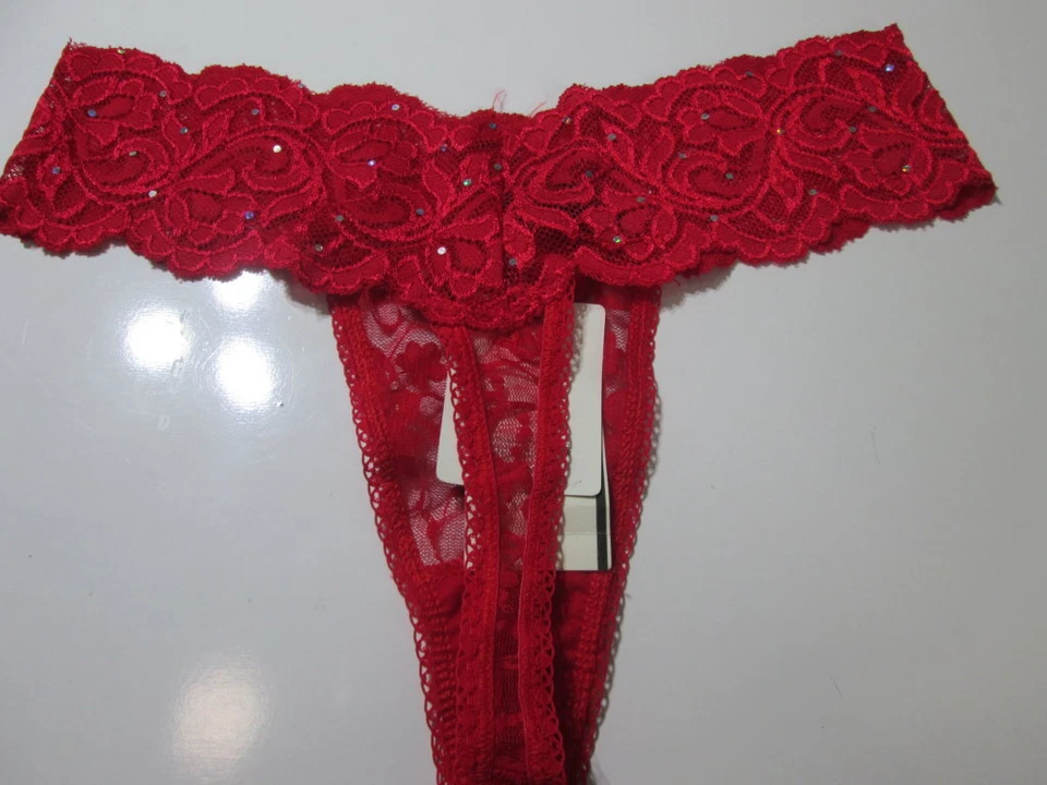 Calcinha tanga Rene Rofe feminina tamanho G renda vermelha floral frisada íntima lingerie nova com etiquetas - Imagem 2 de 4