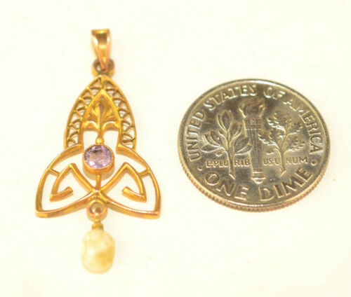 ANTIQUE 10K YELLOW GOLD AMETHYST & BAROQUE PEARL DROP FILIGREE LAVALIERE PENDANT - Bild 2 von 4