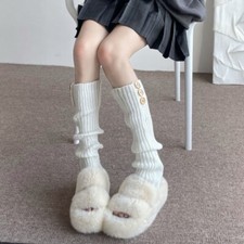 Women Student Novelty Leg Warmers Ribbed Knit 3 Buttons Decor Knee High Socks