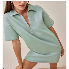 Reformation Small Hampton Green Sweatshirt Mini Dress Quarter Zip Short Sleeve