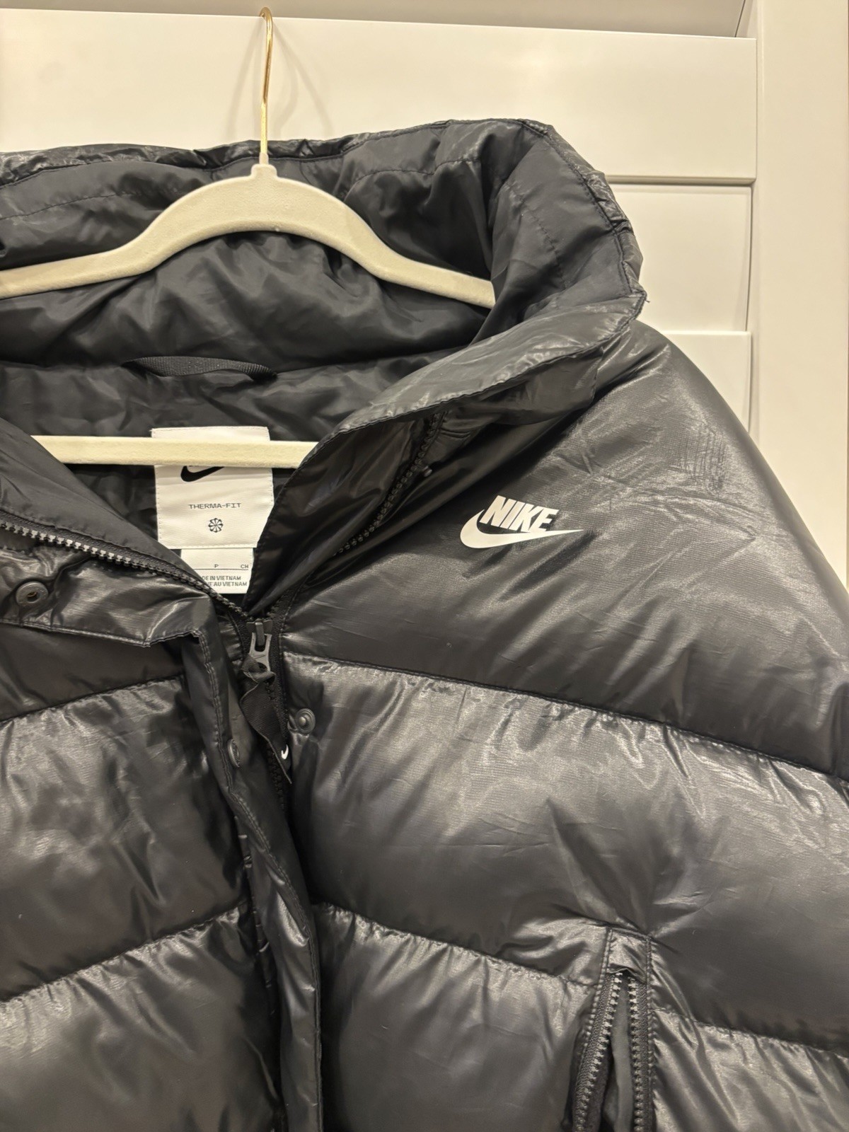 NWT NIKE Jacket Coat Womens Sz M Black SAMPLE Puffer Hood Swoosh Logo