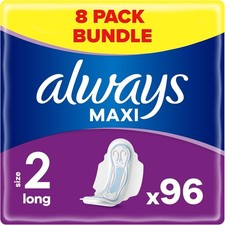 Image of Always Maxi Sanitary Towels with Wings, Size 2, Long, 96 Towels (12 x 8 Packs),