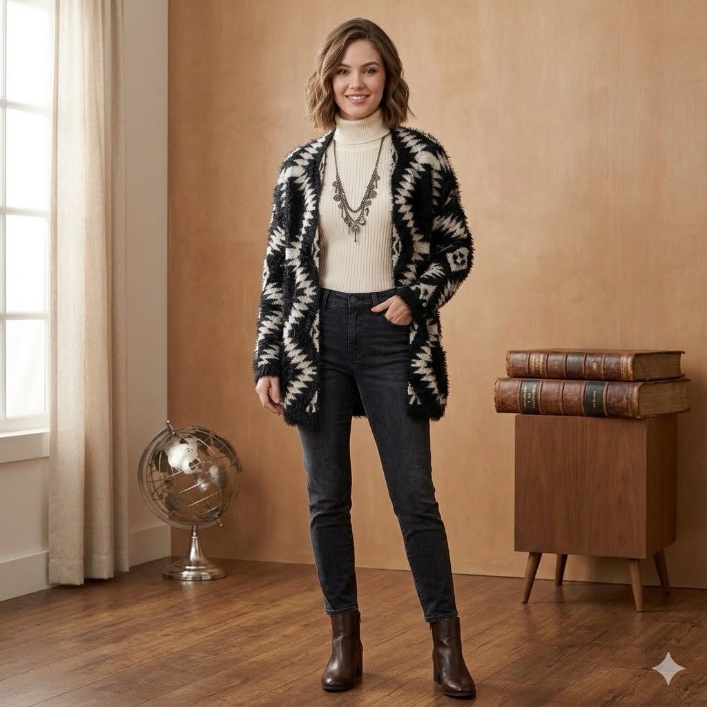 Chelsea and Theodore Black & White Geometric sweater Jacket Open Front Large