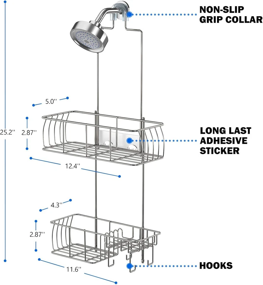 Carrito de ducha Over Head a prueba de herrumbre con ganchos para toallas, esponja y más, cromado Foto 4 de 4