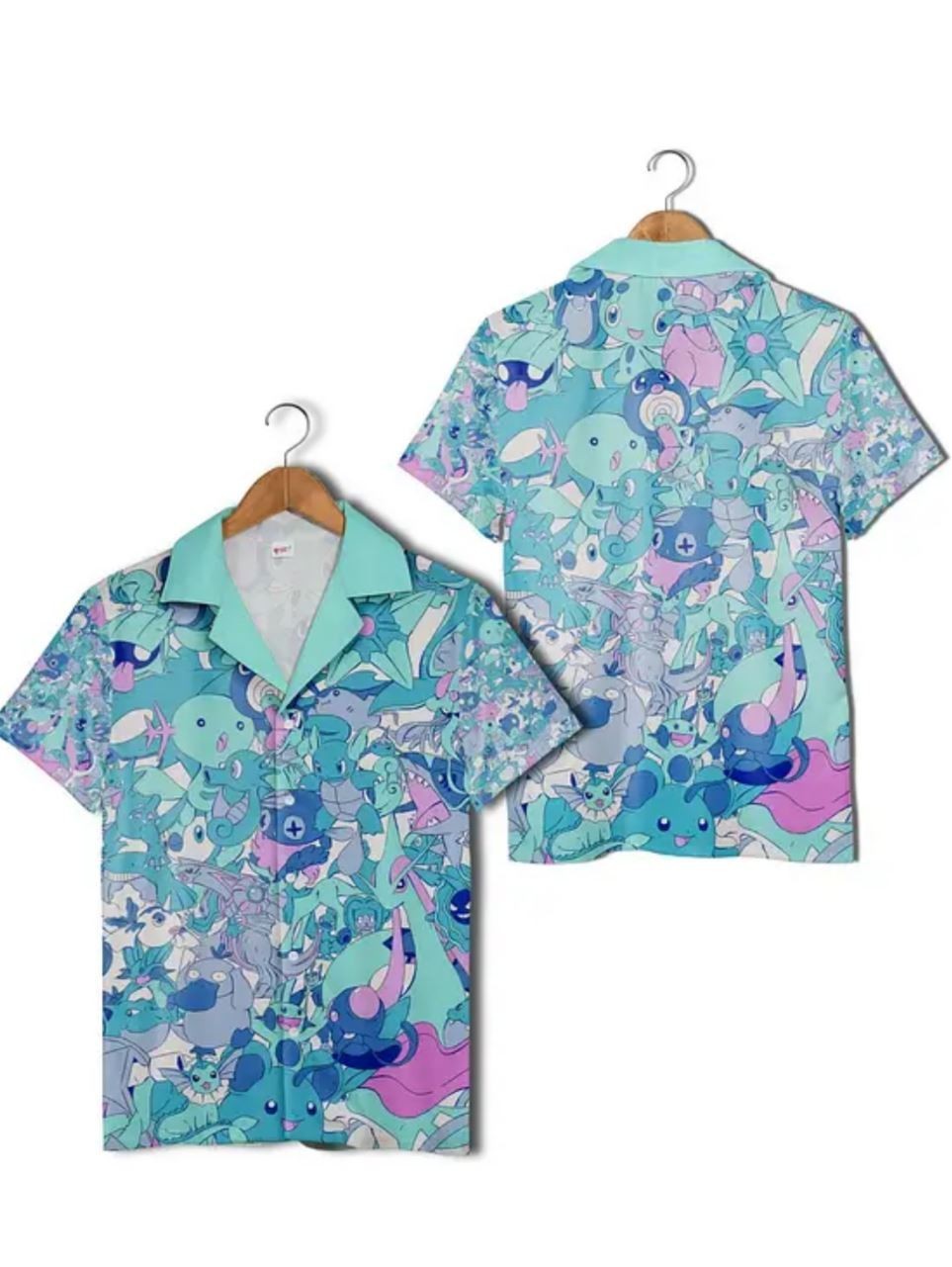 Camisa Hawaiana Azul Claro Personajes Pokémon Linda Colorida Camisa Tropical Verano