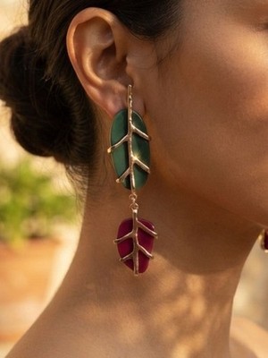   Botanical Drop Earrings   Gold-Tone Branch Accents with Green & Burgundy Leave