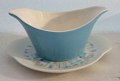 Vintage MCM Royal China Blue Heaven Gravy Boat w/Detached Underplate Ironstone